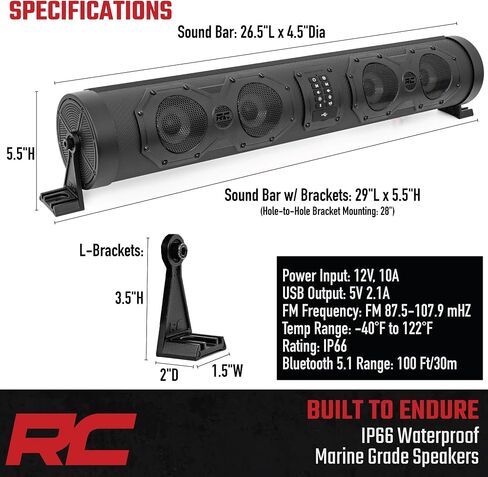 Rough Country UTV Bluetooth Soundbar - 500W صوت مقاوم للماء مع 8 مكبرات صوت ، أضواء RGB ، راديو FM و AUX ، FIT Universal in Saudi Arabia