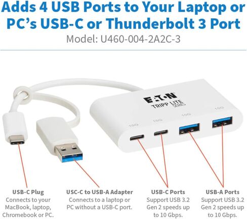 Tripp Lite 4-Port USB-C HUB للكمبيوتر المحمول ، 2 منافذ USB-A & 2 USB-C-USB 3.2 Gen 2 مع نقل البيانات 10 جيجابت في الثانية ، Thunderbolt 3 متوافق ، لا يوجد برنامج مطلوب ، أبيض ، ضمان لمدة 3 سنوات (U460-004-2A2C-3) in Kuwait