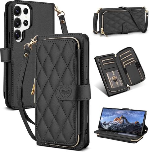 ل Samsung Galaxy S24 محفظة Ultra Wallet مع Crossbody وحزام المعصم للنساء الفتيات ، والأزياء الجلدية RFID حظر كيكستاند فليب فوليو غطاء الهاتف مع حامل البطاقة والسحاب الأسود in Saudi Arabia