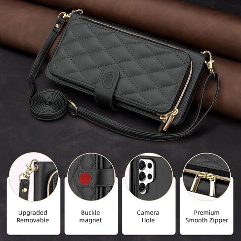 ل Samsung Galaxy S24 محفظة Ultra Wallet مع Crossbody وحزام المعصم للنساء الفتيات ، والأزياء الجلدية RFID حظر كيكستاند فليب فوليو غطاء الهاتف مع حامل البطاقة والسحاب الأسود in Saudi Arabia