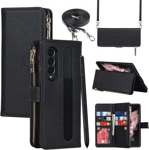 Jaorty Samsung Galaxy Z Fold 3 Case Wallet with S Pen Holder ، Crossbody Phone Case لـ Samsung Galaxy Z Fold 3 مع حامل البطاقة ، حزام حزام سحاب بوري ، روزجولد in Saudi Arabia