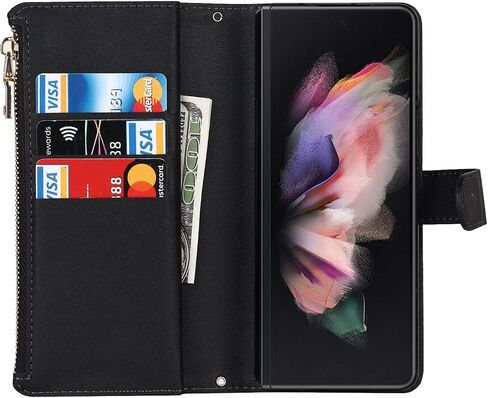 Jaorty Samsung Galaxy Z Fold 3 Case Wallet with S Pen Holder ، Crossbody Phone Case لـ Samsung Galaxy Z Fold 3 مع حامل البطاقة ، حزام حزام سحاب بوري ، روزجولد in Saudi Arabia