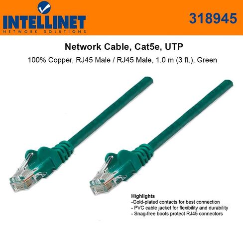 Intellinet (10 pack Bundle) Cable ، CAT5E ، UTP RJ-45 Male/RJ-45 Male ، 1.0 M (3 ft.) Green (318945-10pk) in Kuwait