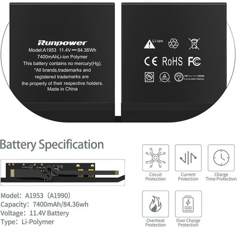 Runpower A1953 Battery for MacBook Pro 15 Inch ، Mid 2018 2019 Pretection Battery Lithium Polymer لـ A1990 EMC 3215 3359 (11.4V 84.36WH 7400MAH) in Saudi Arabia