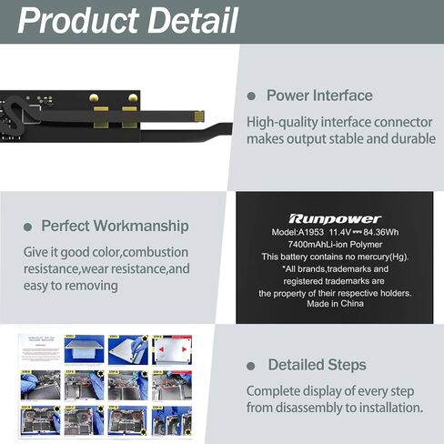 Runpower A1953 Battery for MacBook Pro 15 Inch ، Mid 2018 2019 Pretection Battery Lithium Polymer لـ A1990 EMC 3215 3359 (11.4V 84.36WH 7400MAH) in Saudi Arabia