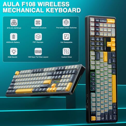 Aula Wireless Keyboard و Mouse Combo ، F108 Full Size Mechanical Keyboard SC580 Tri-Mode Mouse in Saudi Arabia