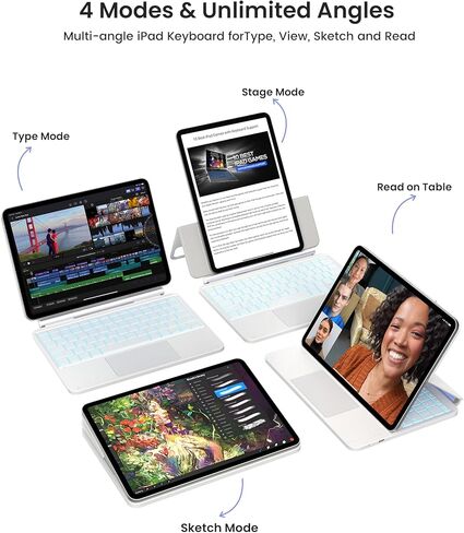طبقة لوحة مفاتيح TypeCase Studio لـ iPad Air 11 "(M3/M2) & Pro 11" (4th/3rd/2nd/1st Gen) والهواء 10.9 "5/4th Gen- انقر في أي مكان تتبع لوحة مفاتيح iPad متعددة الزوايا للنوع والرسم والقراءة ، الأبيض ، الأبيض in Kuwait