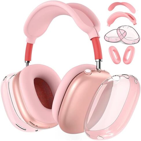 غطاء الحالة لسماعات الهواء الأقصى Airpods ، 4 من 1 في 1 ناعمة من الجلد TPU مضاد للخلع ، والملحقات الشفافة الغطاء الوقائي فائقة ل Apple Airpods Max USB-C (2024/2020) ، وردي in Kuwait