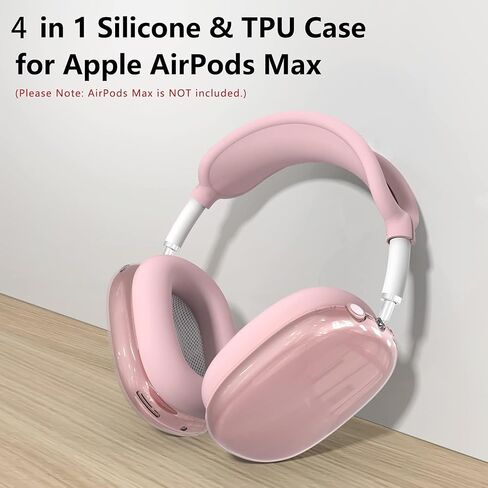 غطاء الحالة لسماعات الهواء الأقصى Airpods ، 4 من 1 في 1 ناعمة من الجلد TPU مضاد للخلع ، والملحقات الشفافة الغطاء الوقائي فائقة ل Apple Airpods Max USB-C (2024/2020) ، وردي in Kuwait
