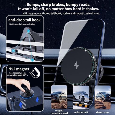 15W لشاحن MAG-SAFE CAR MOUNT ، Bling Magnetic Wireless Car Charger for Women ، Hands Free Car Phone Mount Mount in Kuwait