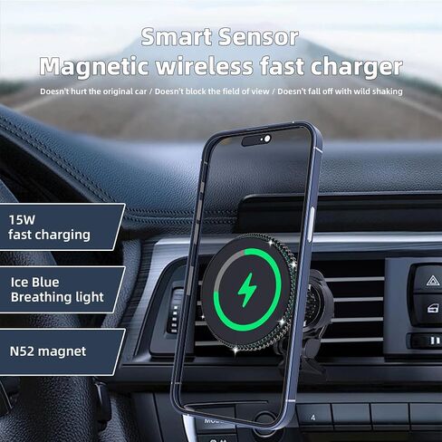 15W لشاحن MAG-SAFE CAR MOUNT ، Bling Magnetic Wireless Car Charger for Women ، Hands Free Car Phone Mount Mount in Kuwait