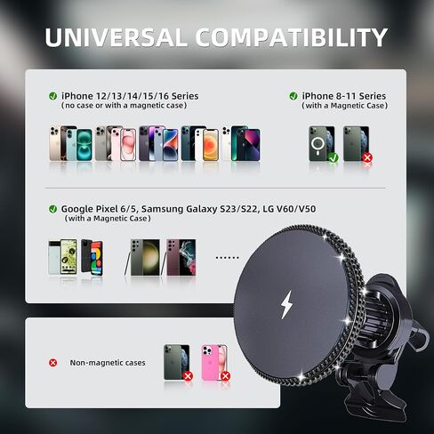 15W لشاحن MAG-SAFE CAR MOUNT ، Bling Magnetic Wireless Car Charger for Women ، Hands Free Car Phone Mount Mount in Kuwait