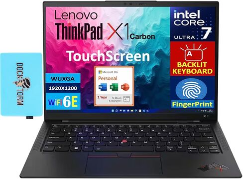 Lenovo ThinkPad X1 Carbon AI Business Labstop 14.0 "شاشة تعمل باللمس Wuxga (Intel Core Ultra 7 155U ، 32GB LPDDR5X ، 1TB PCIE SSD ، Win 11 Home) W/MS 365 Personal ، DKZ USB Port Expander in Saudi Arabia