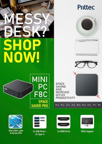 F8C Mini PC, Intel Alder Lake-N N100, 8GB DDR4, 256GB M.2 SSD, Support 4K, 2 Display, HDMI x 2, USB3.2 Gen1 x 2, USB2.0 x 2, Type-C x 2, WiFi6/BT5.2, GB LAN in Kuwait