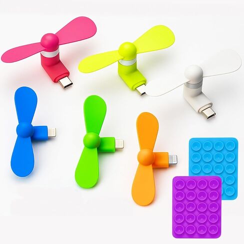 مروحة الهاتف الخليوي المصغرة ، المعجبين الملونين والأقوياء متوافقة مع iPhone و iPad و Android Smartons and Tablets ، USB C ملحقات الصيف للهاتف الخليوي ، 3 × iOS + 3 × Type C + 2 X Ciption Cup Mount in Kuwait