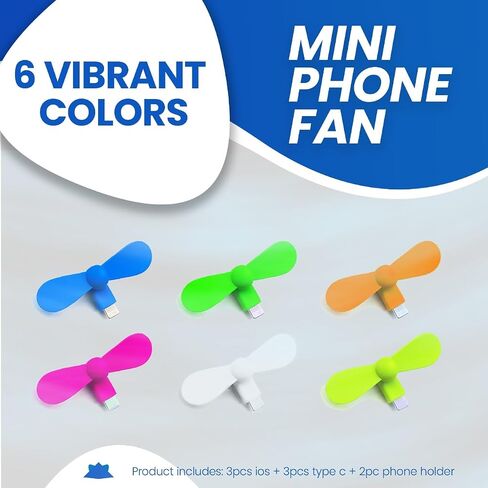 مروحة الهاتف الخليوي المصغرة ، المعجبين الملونين والأقوياء متوافقة مع iPhone و iPad و Android Smartons and Tablets ، USB C ملحقات الصيف للهاتف الخليوي ، 3 × iOS + 3 × Type C + 2 X Ciption Cup Mount in Kuwait