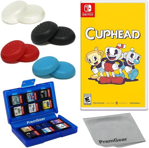 Cuphead for Nintendo Switch (إصدار الولايات المتحدة) ، مع قبضة الإبهام Premgear (8 حزمة - أسود ، أزرق ، أحمر وواضح) ، حامل بطاقة ألعاب 24 فتحة وتنظيف in Kuwait