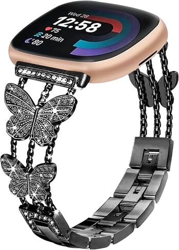 Bling Metal Band ، متوافق مع Fitbit Versa 4/Sense 2/Versa 3/Sense Band ، Diamond Butterfly Women Women Results for Fitbit Smartwatch in Saudi Arabia