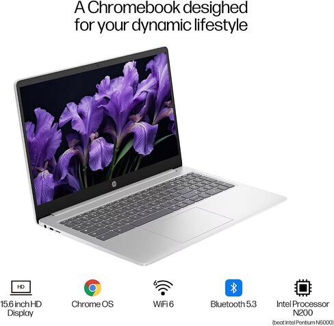HP Chromebook 15.6 "HD (Intel Processor N200 ، 8GB RAM ، UHD Graphics) ، 192GB Storage (64GB EMMC + 128GB SSD Outsid in Kuwait