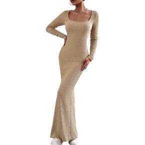 Women's Soft Lounge Long Sleeve Bodycon Dress Sexy Square Neck Fall Fitted Maxi Long Dress