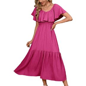 Shermia Women's Casual Ruffle Short Sleeve V Neck Maxi Dresses Flowy Boho Beach Cocktail Long Dresss