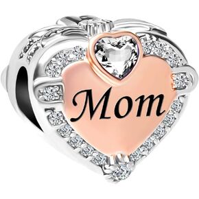 Rose Gold Mom Heart Love Charms Clear Crystal Beads Compatible With Pandora Charms Bracelets