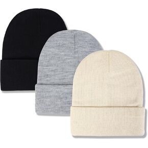 3 Pack Unisex Winter Warm Knit Beanie Hats Cuffed Ribbed Skull Caps Toboggan Hat for Women Men