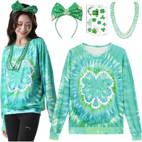 St. Patricks Day Outfits for Women - Long Sleeve Green Shirt with Accessories Set