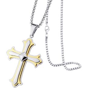 555Jewelry Layered Stainless Steel Cross Necklace for Men and Women, 16-24" Chain