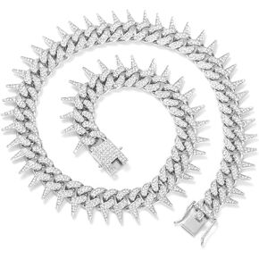 Cuban Link Chain for Men Women Iced Out Chain with Thorns Diamond Cubic-Zirconia 18k Silver-Plated Titanium Bling Miami Necklace Hip Hop Accessories