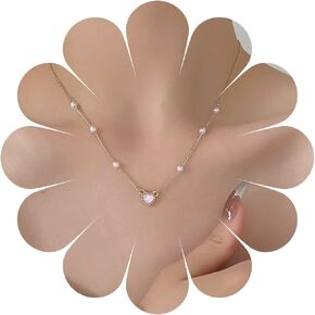 Vintage Heart Pendant Necklace Pink Rhinestone Heart Necklace Pearl Choker Necklace Pearl Station Chain Necklace Jewelry for Women and Girls