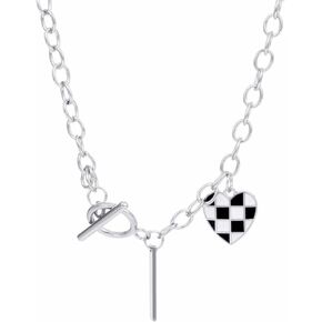 Checker Heart Chunky Chain Pendant Necklace Vintage Temperament Enamel Black White Checkerboard Checker Flag Paperclip Chain Necklace for Women Teen Girls Minimalist Birthday Christmas Party Jewelry Gifts