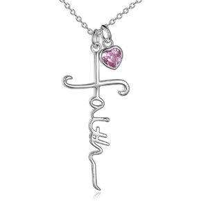 UCADRIT Faith Cross Necklace For Women Birthstone Sterling Silver with Simulated Birthstone Cross Jewelry Christian Gifts