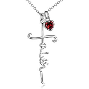 UCADRIT Faith Cross Necklace For Women Birthstone Sterling Silver with Simulated Birthstone Cross Jewelry Christian Gifts