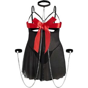 WDIRARA Women's Plus Size 5 Piece Set Mesh Babydoll Lingerie Slips with Handcuff and Thongs