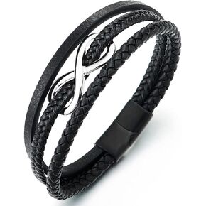 COOLSTEELANDBEYOND Men Women Steel Infinity Love Number 8 Friendship Bracelet Three-Strand Black Braided Leather Bangle