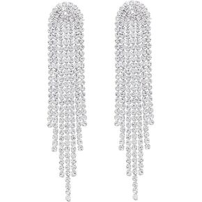 Rhinestone Crystal Dangle Drop Earrings 14K Gold/Silver Long Tassel Chandelier Fringe Bridal Wedding Statement Earrings