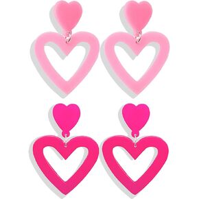 Valentines Day Earrings for Girlfriend Gifts Pink Heart Earrings Double Heart Earrings Dangling Hot Pink Earrings Valentines Day Gifts for Her