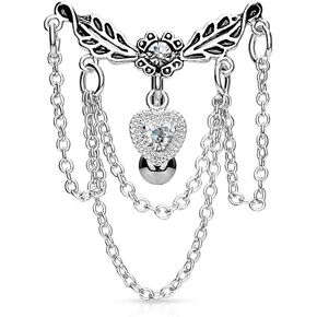 Pierced Owl 14GA 316L Surgical Steel Leaflet Chandelier Chained Heart Top Down Dangling Belly Button Ring