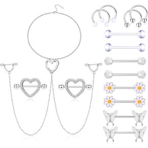 Sllaiss 8 أزواج 14G حلقات للحلمات من الفولاذ للنساء حلقة الحلمة الفولاذية الجراحية مع قلادة قلادة الحديد ثقب الحلمة مجموعة مجوهرات in Kuwait