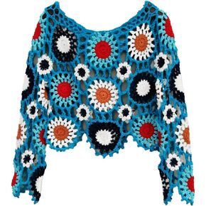 Bohemian Women Plus Crochet Sweater Long Sleeve Boho Floral Blouses Tops Multicolor Clothing