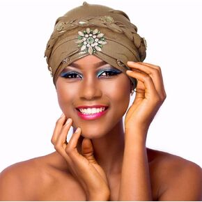 Woeoe Women African Turban Gold Braid Rhinestone Head Wrap Pre-Tied Crystal Beanie Cap Headwear