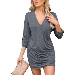 CUPSHE Women's Mini Dress V Neck Ruched Roll 3/4 Sleeve A Line Loose Fit Dress Black