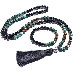 108 Mala Prayer Beads Necklace 8mm Natural Stones Meditation Yoga Jewelry Sets 108 Hand Made Japa Mala Beaded Long Tassel Necklace with Tassel Pendant for Men and Women
