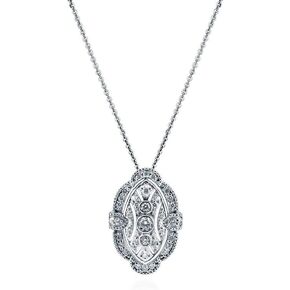 BERRICLE Sterling Silver Art Deco Cubic Zirconia CZ Milgrain Pendant Necklace for Women, Rhodium Plated