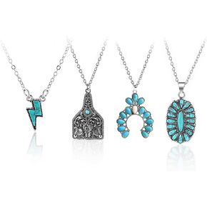 Natural Turquoise Necklace Boho Western Necklaces Jewelry for Women Men Bull Head Cow Tag Horseshoe Necklace Hippie Accessories Cross Ligtning Bolt Bar Pendant Necklace 90S Cowgirl Jewelry 4 Pieces