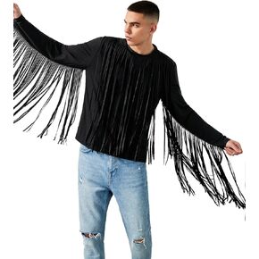 WDIRARA Men's Tassel Trim Round Neck Long Sleeve Fringed Solid Tee Top Partywear