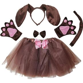 Kirei Sui Kids Animal Costume Dachshund Puppy Brown White Dog Tutu Ear Headband Bow Tie Tail Paws