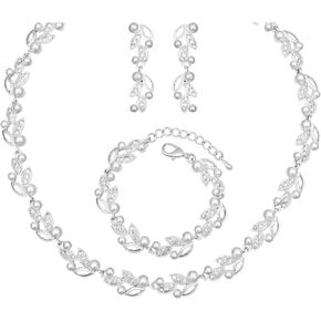 CSY Elegant Bridal Necklace Earrings Bracelets Leaves Shape Wedding Prom Dress Accessories Rhinestones Jewelry Sets for Bride Bridesmaid