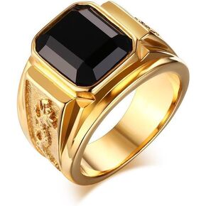 Vintage Yellow Gold Plated Men's Biker Square Black CZ Zircon Ring Obsidian Black Onyx Ring with Dragon Signet Ring, Mens Birthstone Ring Fathers Day Wedding Jewelry Gifts（8）
